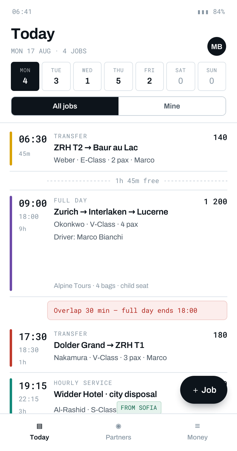 LimoLoop daily jobs screen