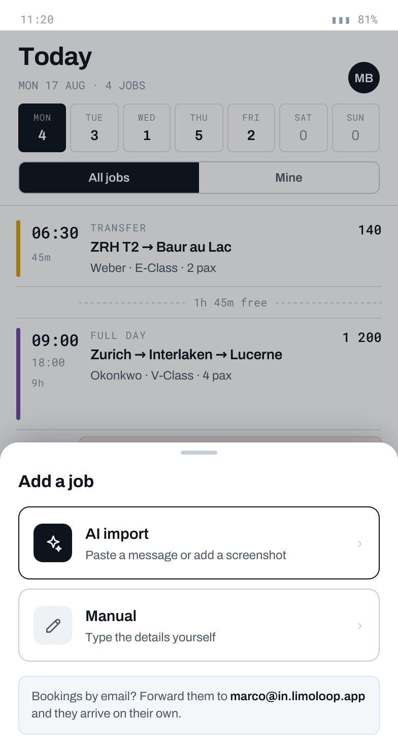 LimoLoop add a job screen